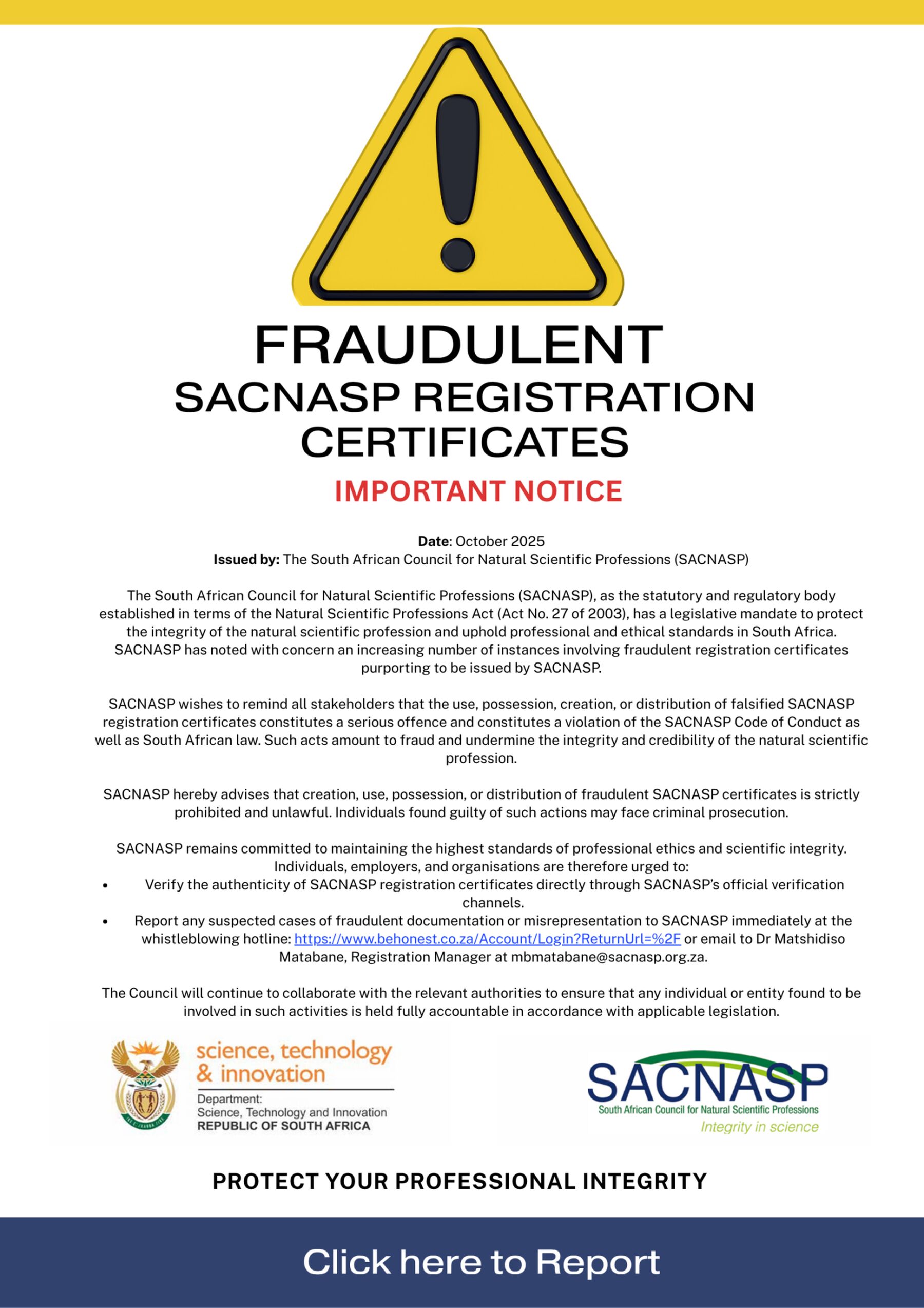 Fraudulent SACNASP Certificates